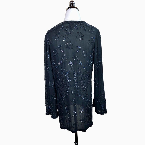 Vintage Judith Ann Embellished Blouse Black Silk Iridescent Sequins Beads Small - Picture 8 of 12